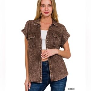 Zenana Outfitters Brown Button-Up Top